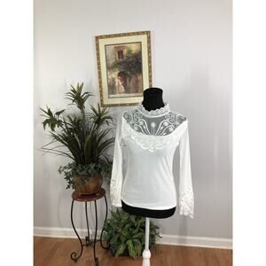 Shishangfeng Women Blouse Size M Long Sleeve Mesh Lace White Y2K Coastal Beach